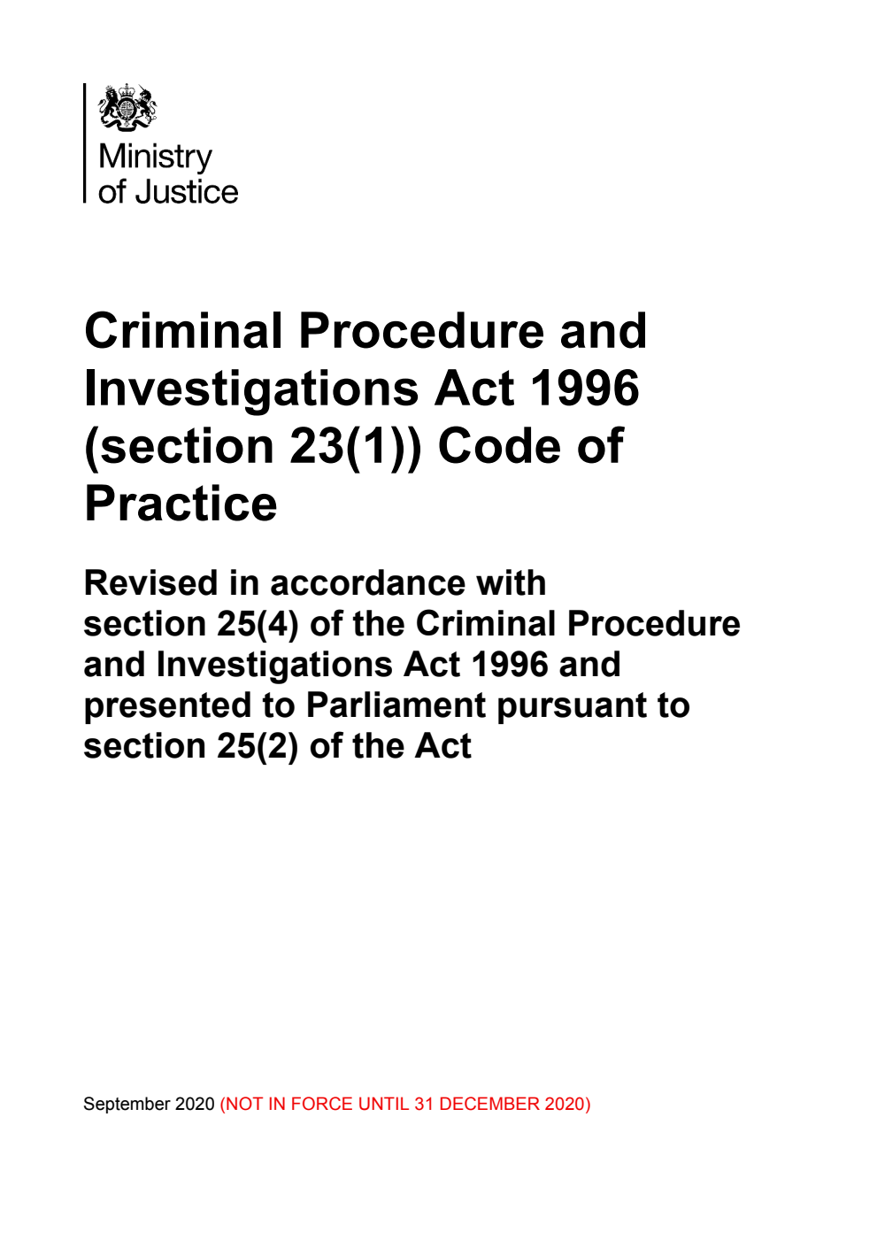 Criminal Procedure And Investigations Act 1996 Section 231 Code Of Practice Revised In 3000