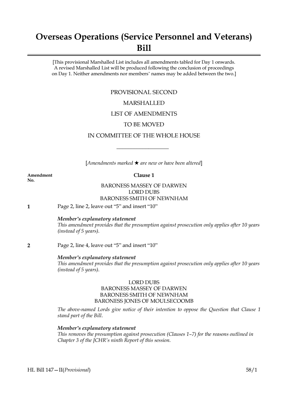 Overseas Operations (Service Personnel and Veterans) Bill Provisional Second Marshalled List of Amendments to be moved in Committee of the Whole House